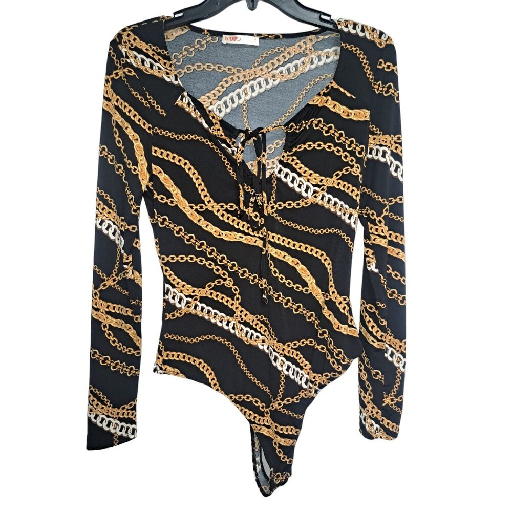 90s Bodysuit Medium Long Sleeve Chain Print Halter Neckline Keyhole Intempo